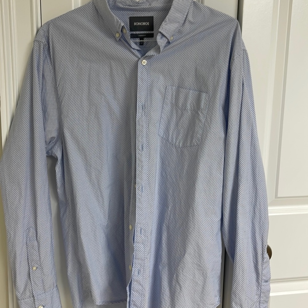 Bonobos long sleeve, white blue shirt with navy dots size extra-large. XL